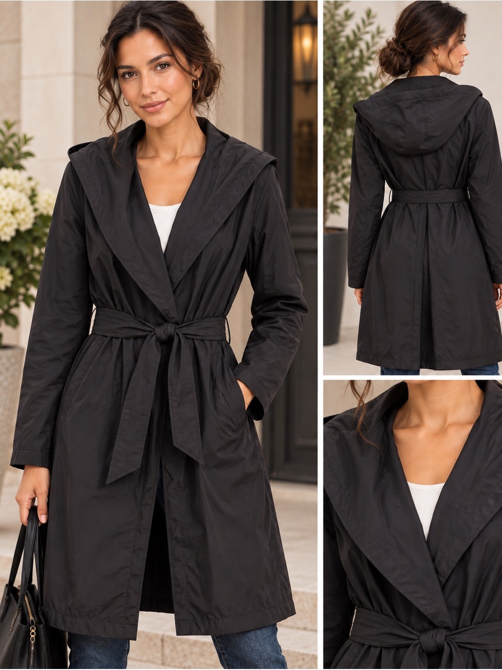 Lamarque Black Hooded Belted Raincoat Trench Coat Size L